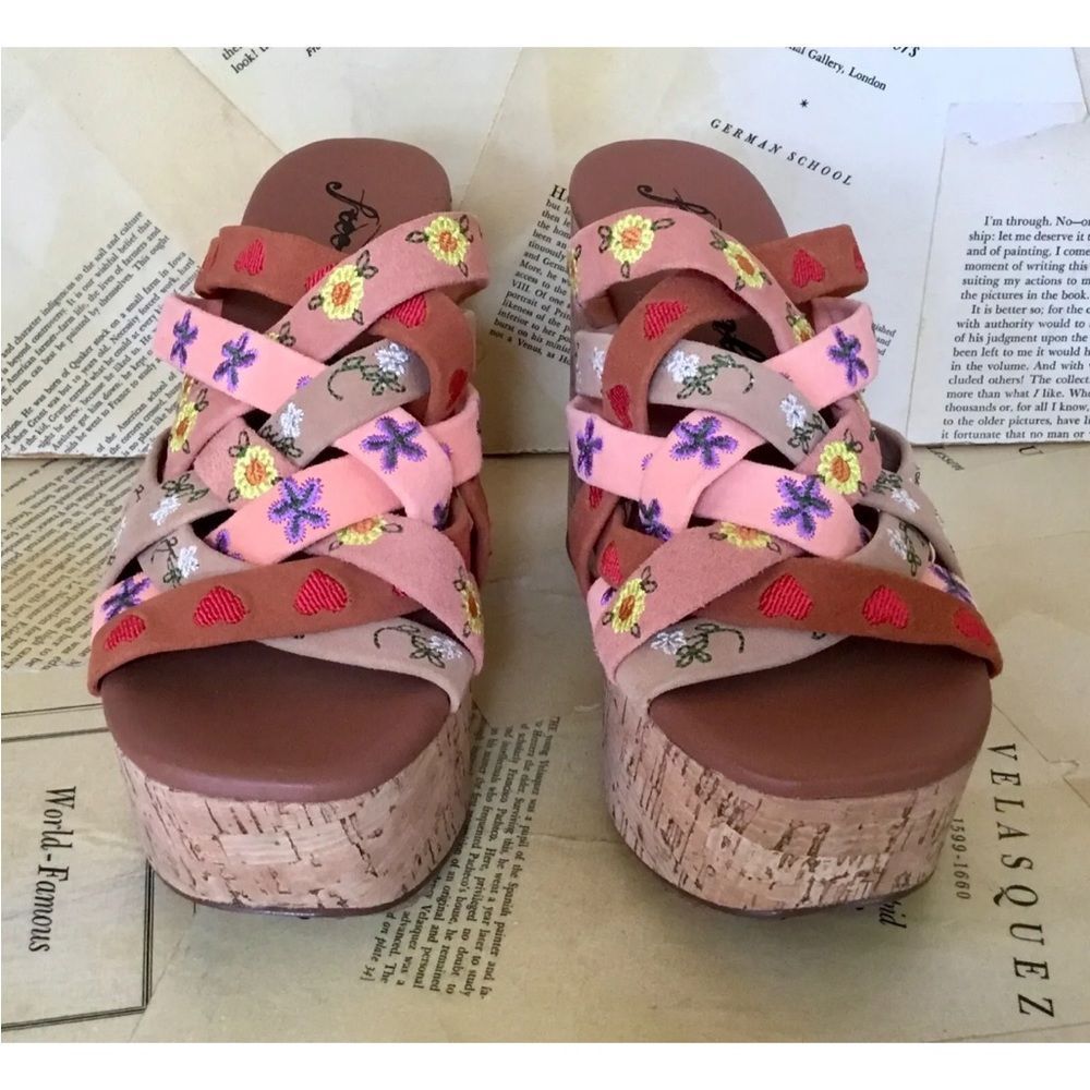 Free People Lisbon Platform Mules Sandal Embroidery Tan Multi Cork - Picture 4 of 10